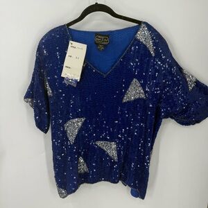 Joseph, Le Bon vintage blue 100% silk sequined top w/silver triangle sequins 3X